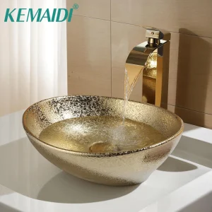 Beautiful Golden Bathroom Oval Vessel Sink with Faucet